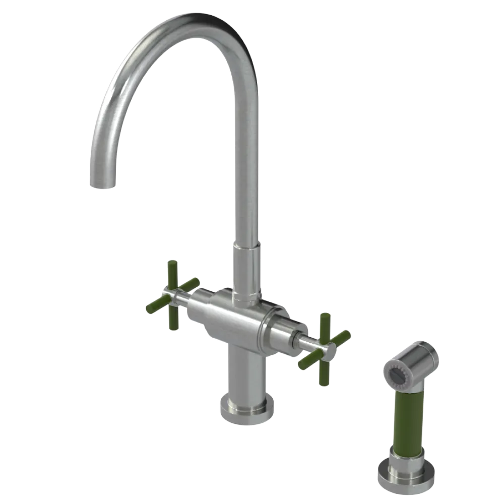 Rubinet Two Handle Single Hole Kitchen Set with LaSalle Spout with Hand Spray Satin Nickel