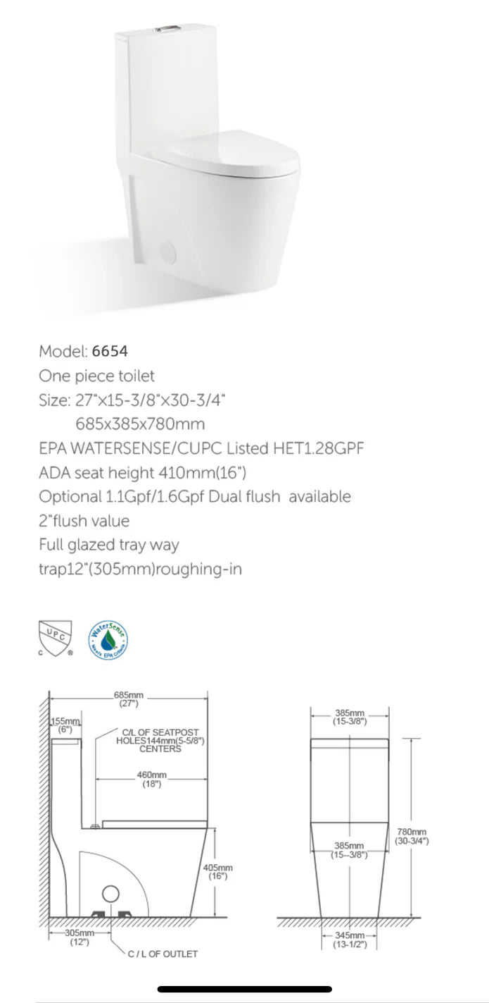 Alps Dual Flush One Piece Toilet 1.6/1.1 Gpf