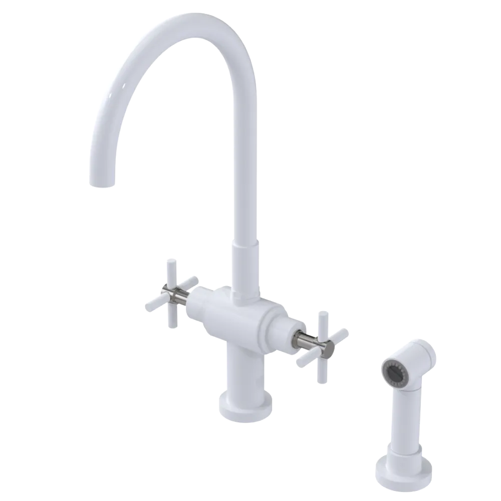 Rubinet Two Handle Single Hole Kitchen Set with LaSalle Spout with Hand Spray White
