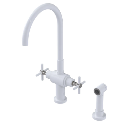 Rubinet Two Handle Single Hole Kitchen Set with LaSalle Spout with Hand Spray White