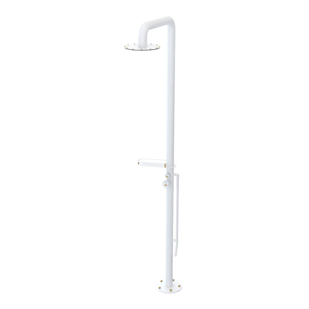Rubinet Pressure Balance Outdoor Shower with Foot Rinse & 10" Shower Head (with shelf) - 304 Stainless Steel White