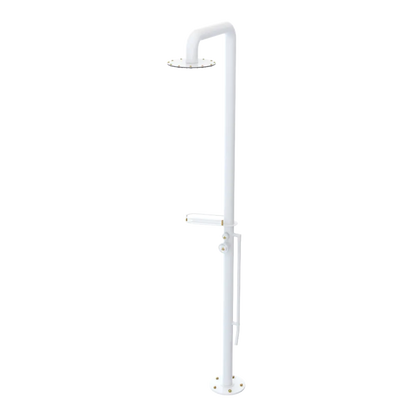 Rubinet Pressure Balance Outdoor Shower with Foot Rinse & 10" Shower Head (with shelf) - 304 Stainless Steel White