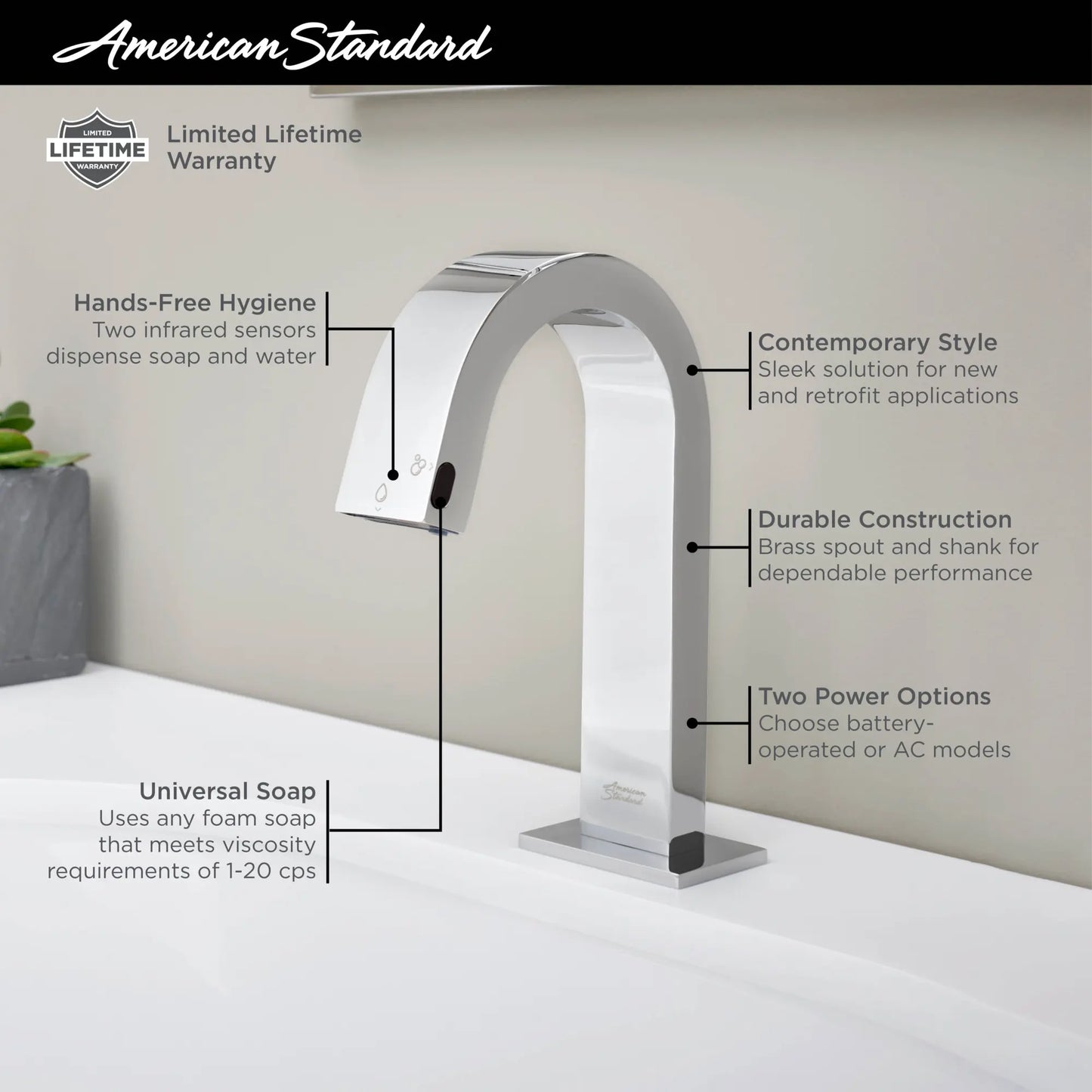American Standard 2-In-1 Integral Touchless Faucet/Soap Dispenser, Battery Powered
