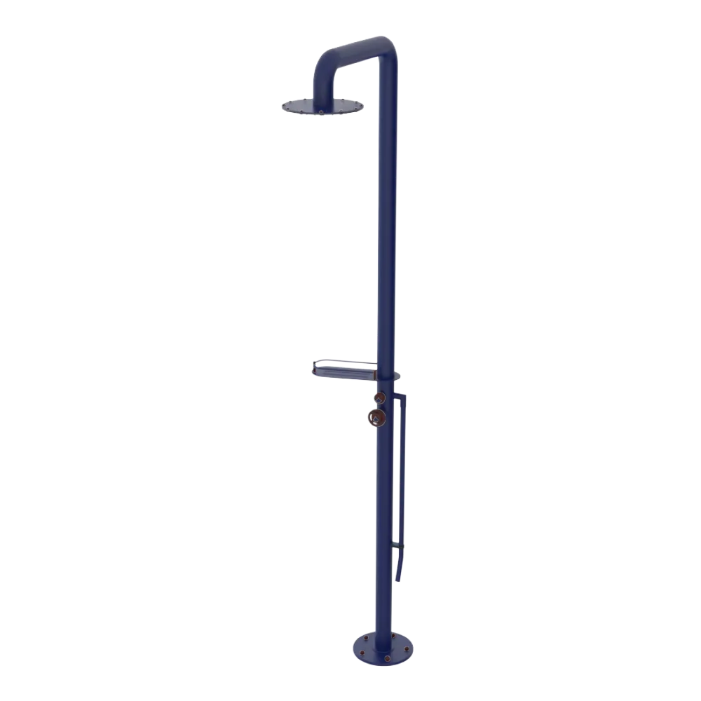 Rubinet Pressure Balance Outdoor Shower with Foot Rinse & 10" Shower Head (with shelf) - 304 Stainless Steel Midnight Blue
