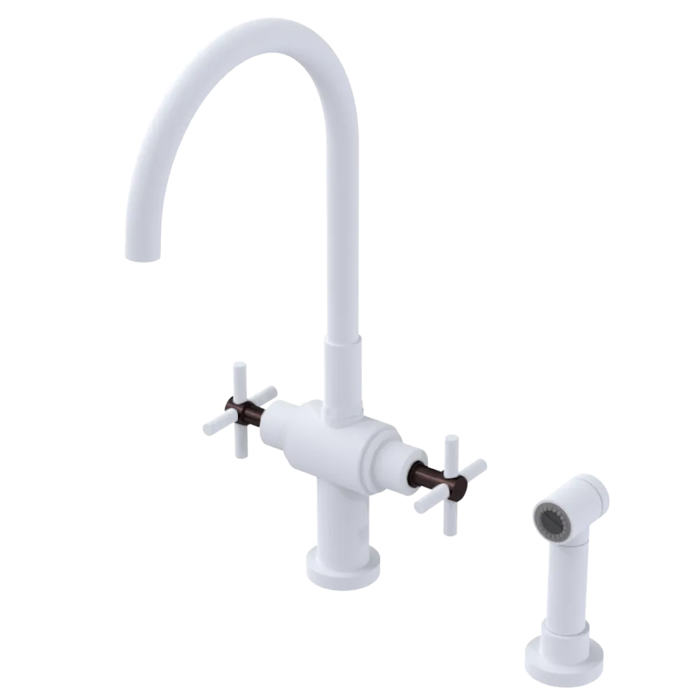 Rubinet Two Handle Single Hole Kitchen Set with LaSalle Spout with Hand Spray Matt White