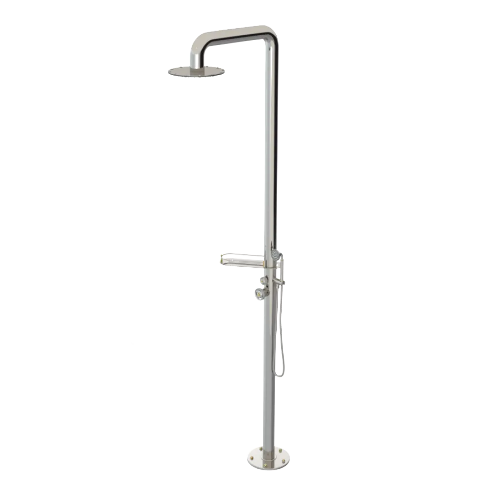 Rubinet Pressure Balance Outdoor Shower with Hand Held Shower & 10" Shower Head (with shelf) - 304 Stainless Steel Polished Nickel