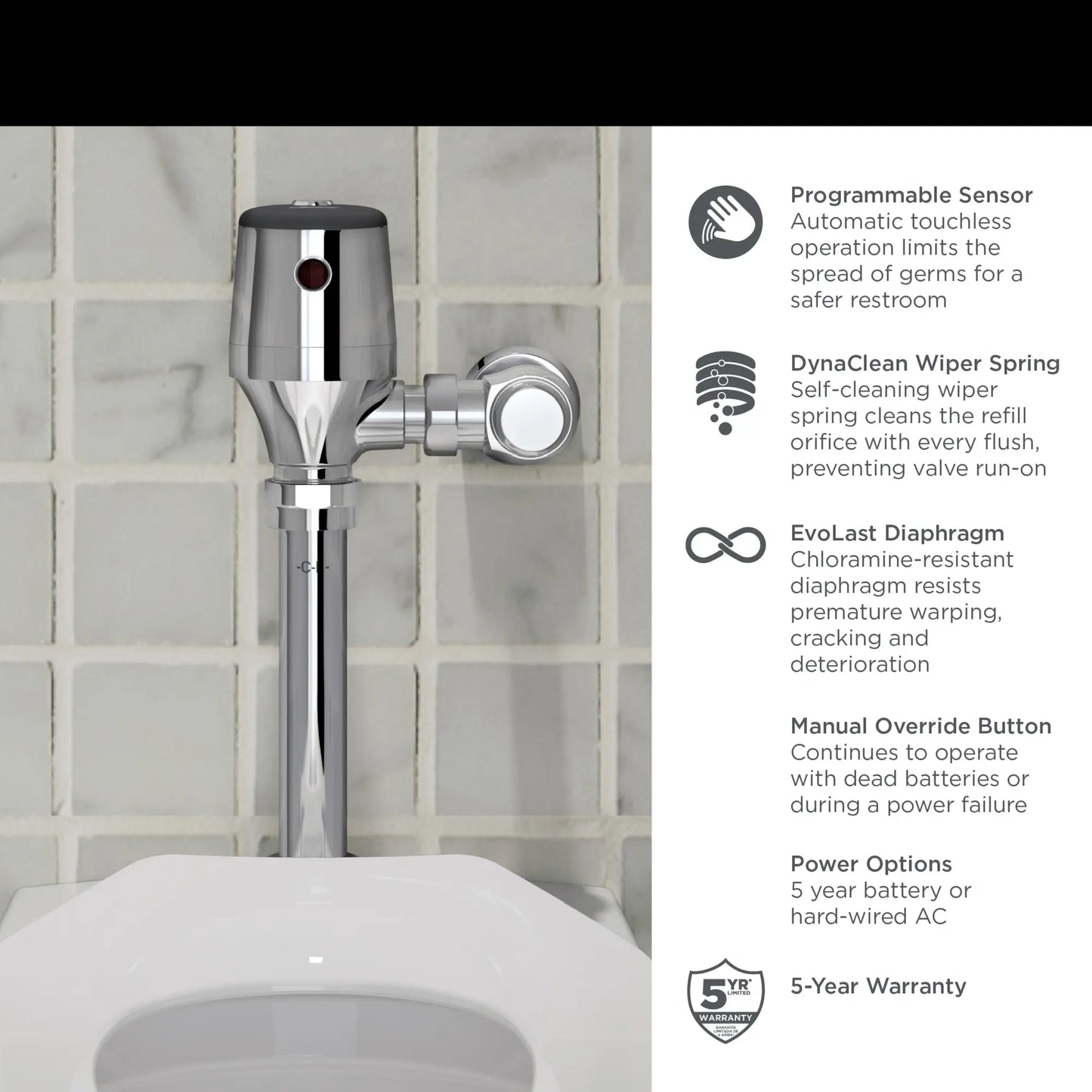 American Standard Ultima® Selectronic® Exposed Toilet Flush Valve, Diaphragm Type, Battery, 1.6 gpf/6.0 Lpf