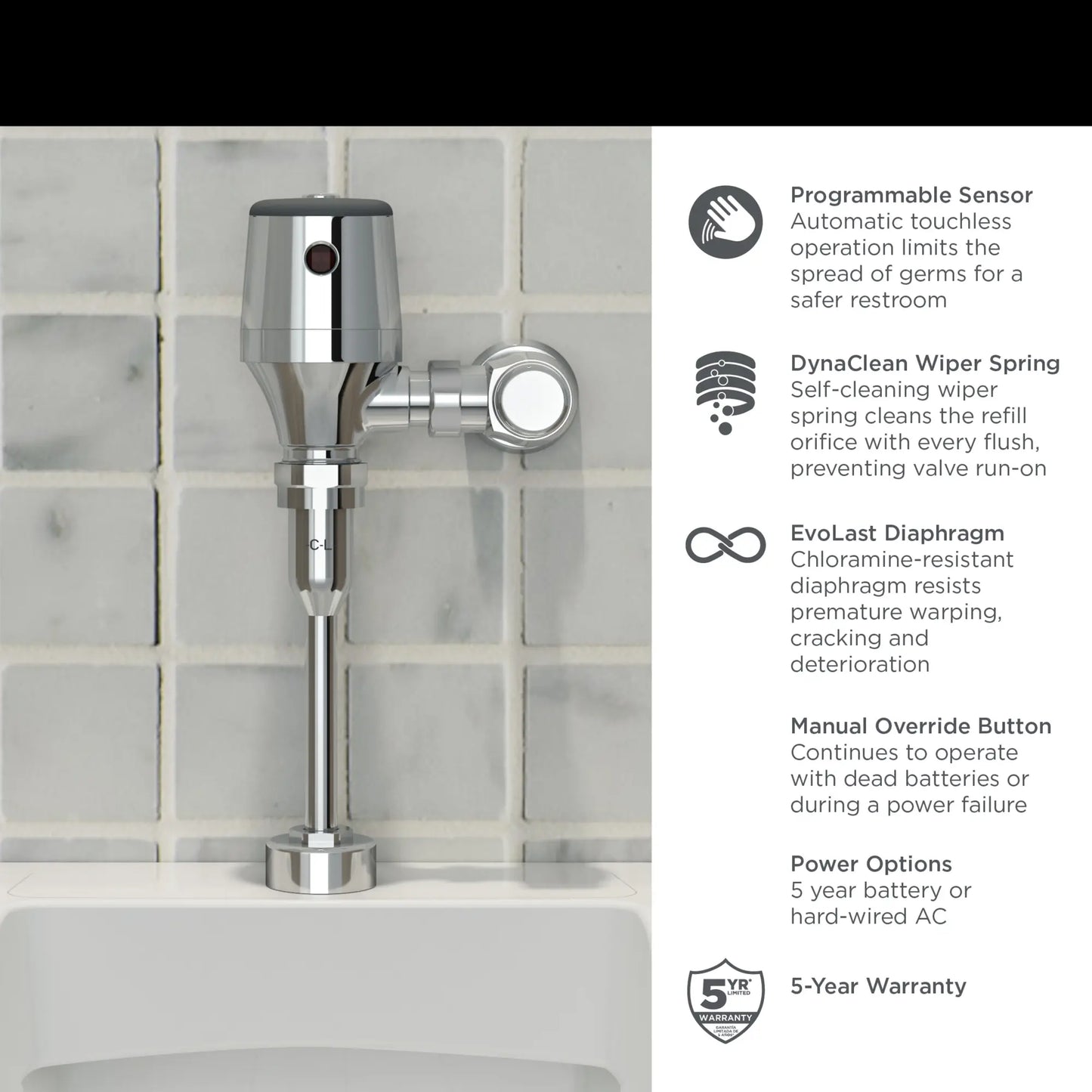 American Standard Ultima® Selectronic® Exposed Urinal Flush Valve, Diaphragm Type, Battery, 0.5 gpf/1.9 Lpf