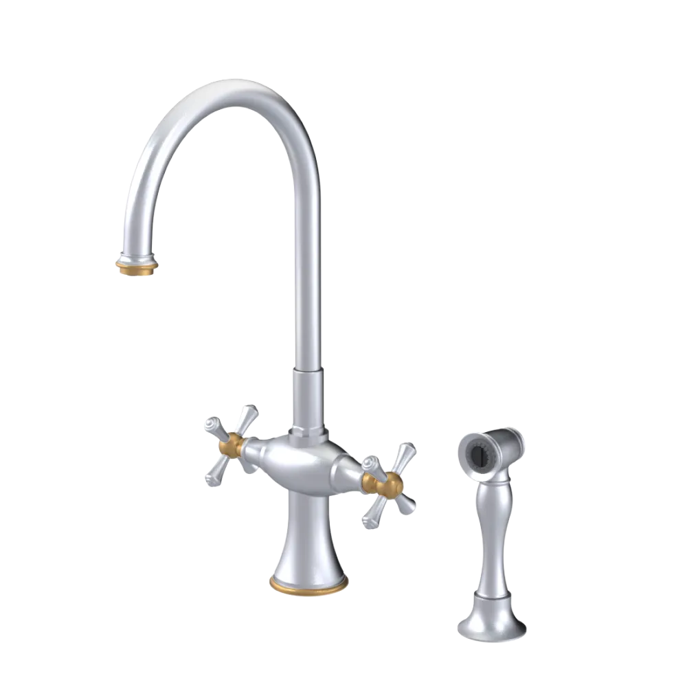 Rubinet Two Handle Single Hole Kitchen Set with Hand Spray Satin Chrome