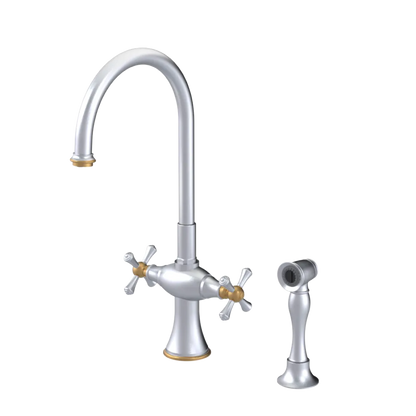Rubinet Two Handle Single Hole Kitchen Set with Hand Spray Satin Chrome
