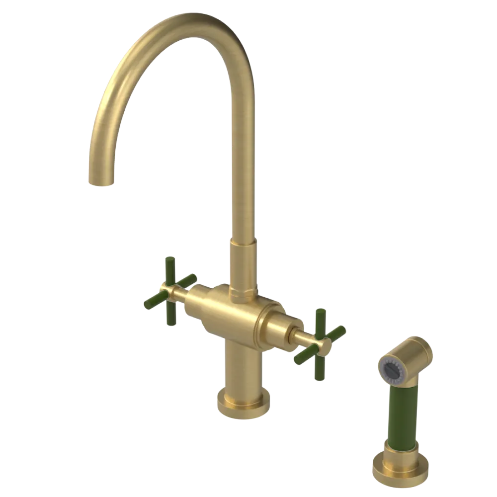 Rubinet Two Handle Single Hole Kitchen Set with LaSalle Spout with Hand Spray Satin Brass