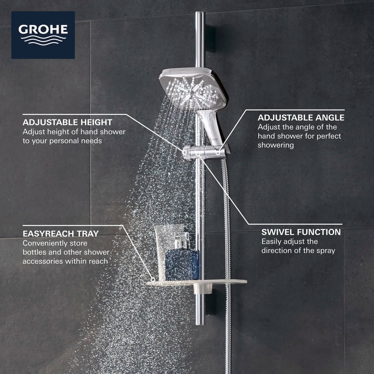 Grohe Rainshower™ Smartactive 24" Shower Slide Bar Kit - 3 Sprays, 6.6 L/Min (1.75 Gpm)