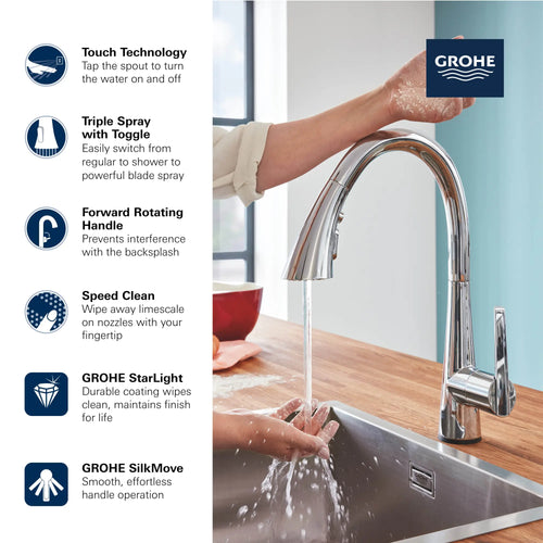 Grohe Zedra Touch Single-Handle Pull Down Kitchen Faucet Triple Spray .75 Gpm - Golzar Home