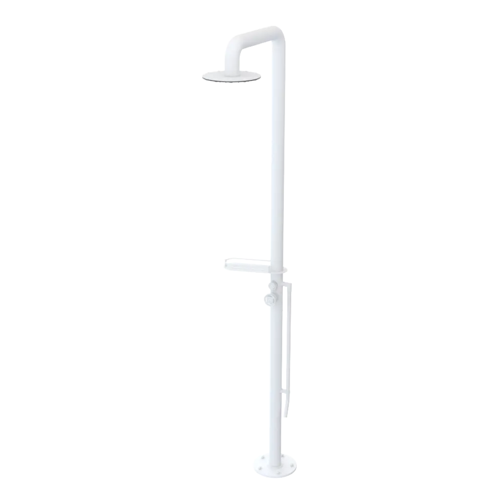 Rubinet Pressure Balance Outdoor Shower with Foot Rinse & 10" Shower Head (with shelf) - 304 Stainless Steel Matt White