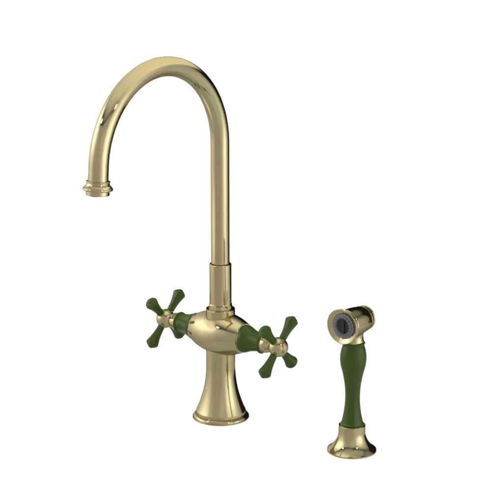 Rubinet Two Handle Single Hole Kitchen Set with Hand Spray Natural Brass