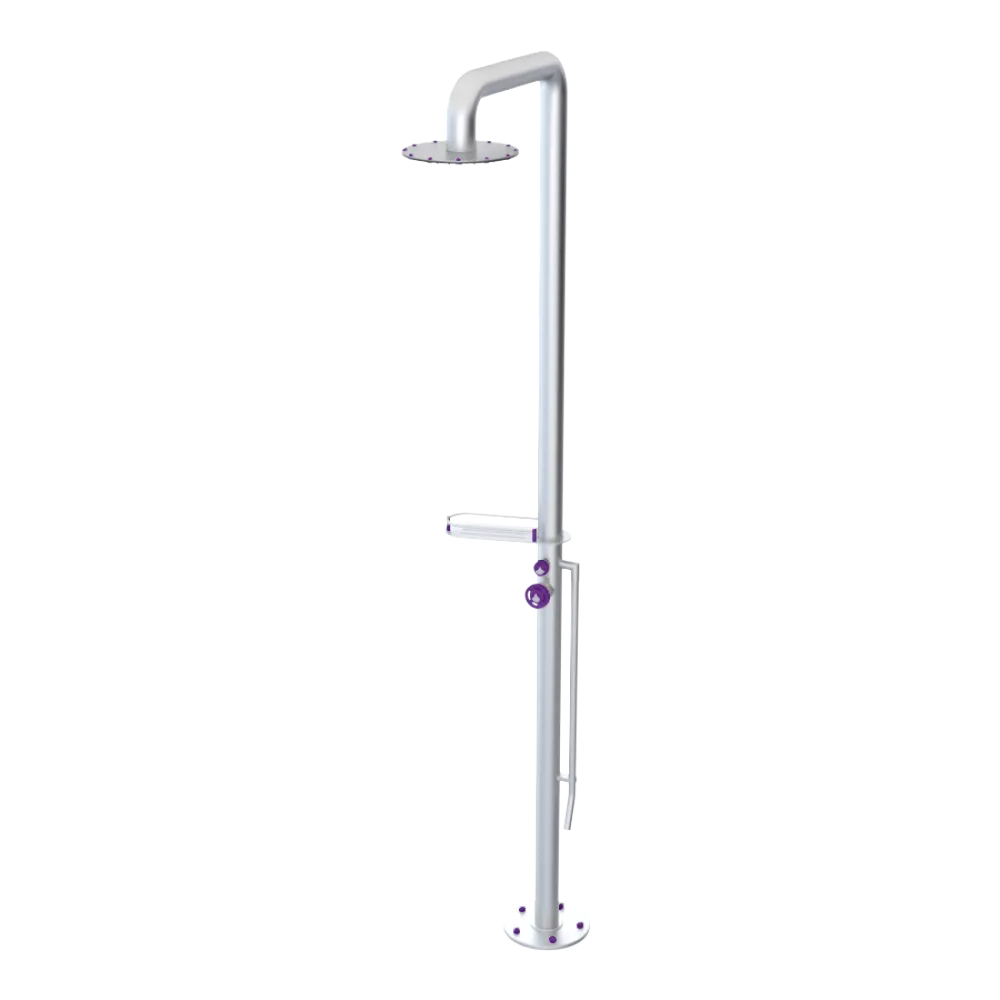 Rubinet Pressure Balance Outdoor Shower with Foot Rinse & 10" Shower Head (with shelf) - 304 Stainless Steel Satin Chrome