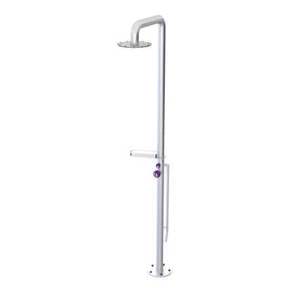 Rubinet Pressure Balance Outdoor Shower with Foot Rinse & 10" Shower Head (with shelf) - 304 Stainless Steel Satin Chrome