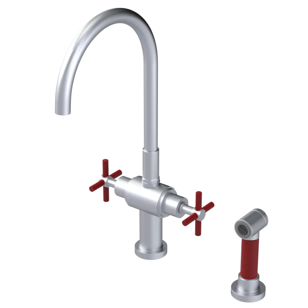 Rubinet Two Handle Single Hole Kitchen Set with LaSalle Spout with Hand Spray Satin Chrome