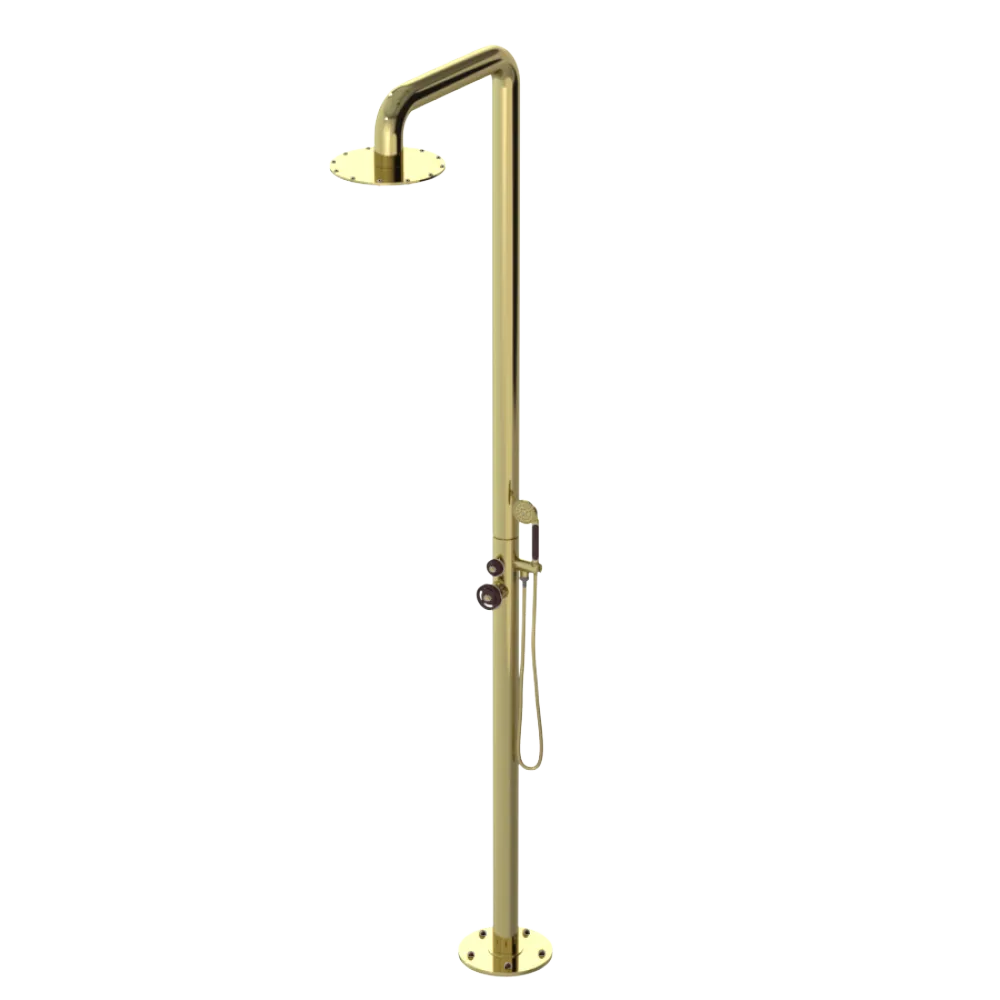 Rubinet Pressure Balance Outdoor Shower with Hand Held Shower & 10" Shower Head - 304 Stainless Steel Bright Brass