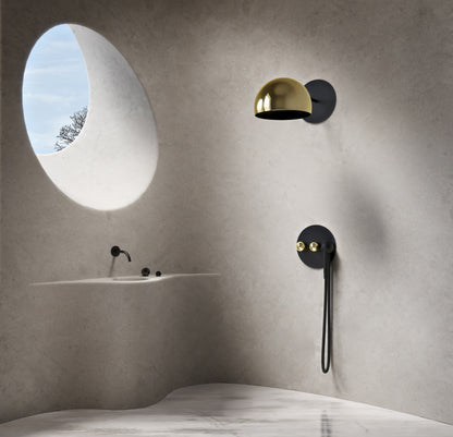Baril Wall-mounted lavatory faucet spout with deck-mounted handles, drain not included