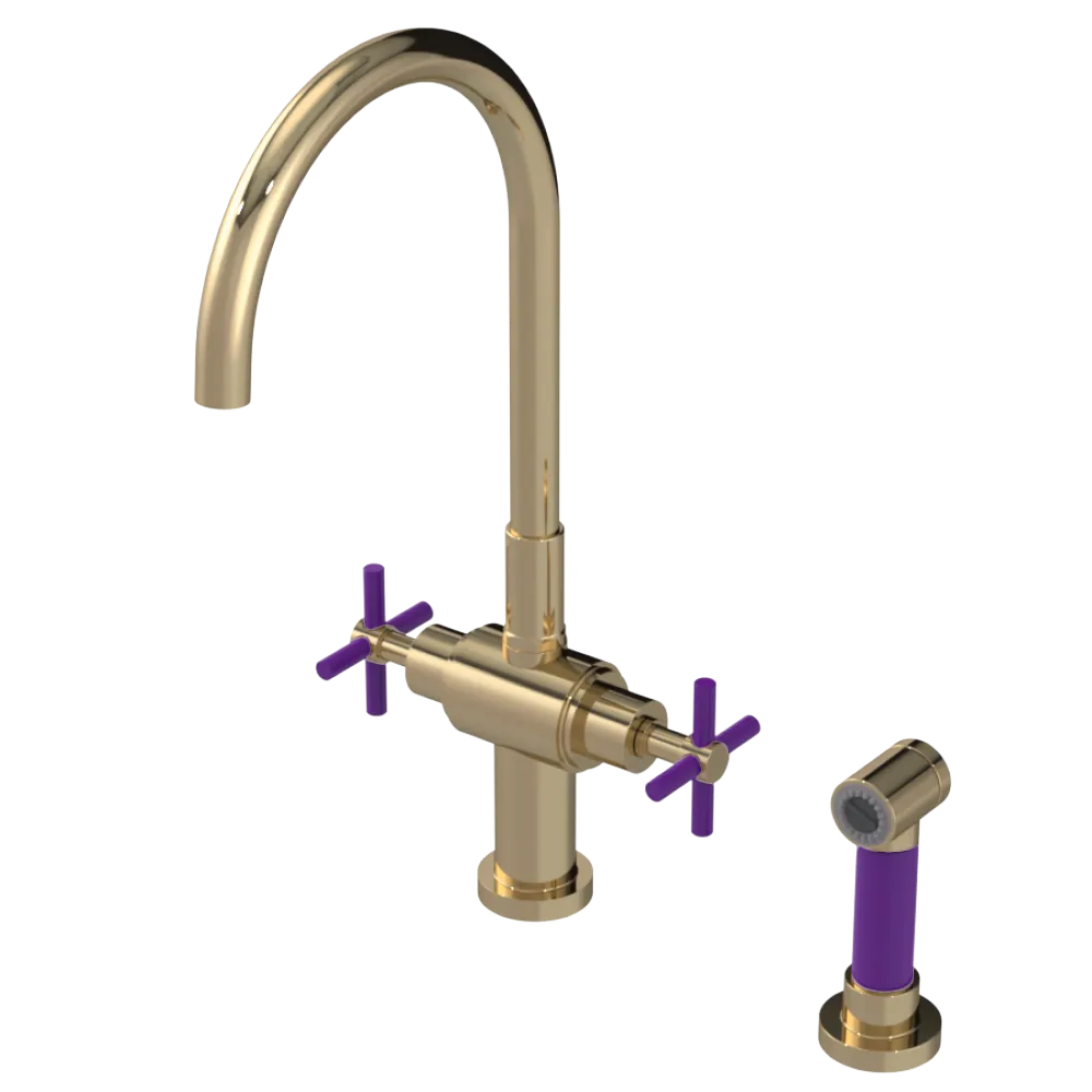Rubinet Two Handle Single Hole Kitchen Set with LaSalle Spout with Hand Spray Gold