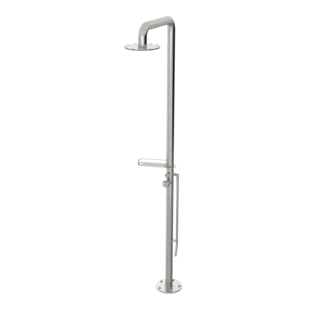 Rubinet Pressure Balance Outdoor Shower with Foot Rinse & 10" Shower Head (with shelf) - 304 Stainless Steel Satin Nickel
