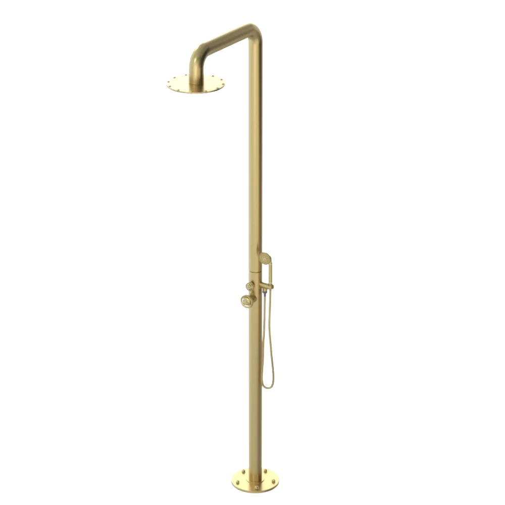 Rubinet Pressure Balance Outdoor Shower with Hand Held Shower & 10" Shower Head - 304 Stainless Steel Satin Gold