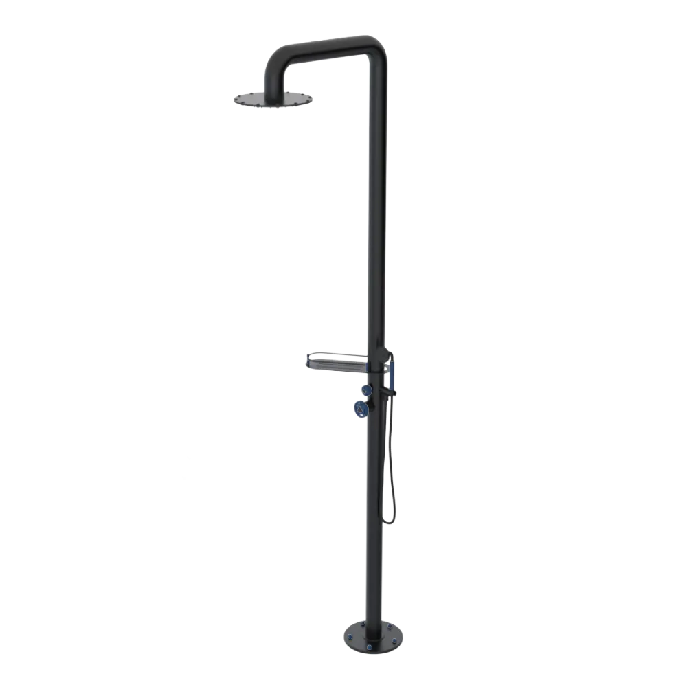 Rubinet Pressure Balance Outdoor Shower with Hand Held Shower & 10" Shower Head (with shelf) - 304 Stainless Steel Matt Black