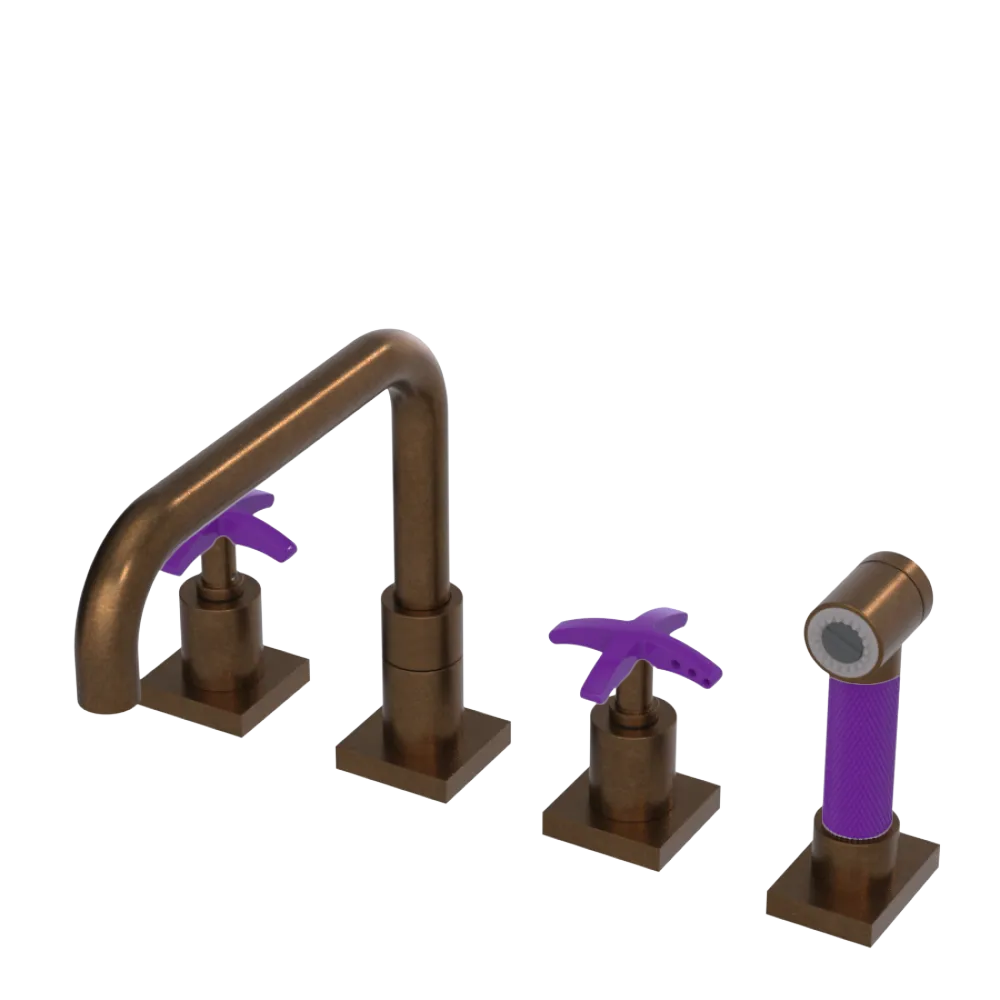 Rubinet Widespread Kitchen Set with Genesis Spout with Hand Spray Tuscan Brass