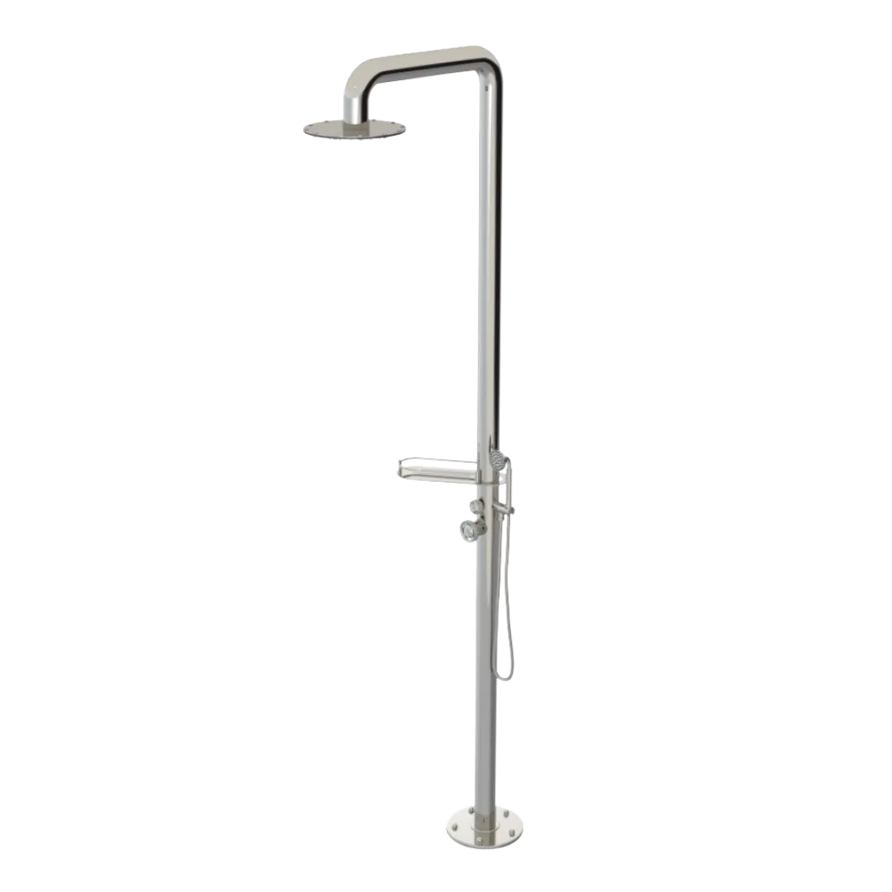 Rubinet Pressure Balance Outdoor Shower with Hand Held Shower & 10" Shower Head (with shelf) - 304 Stainless Steel Polished Nickel