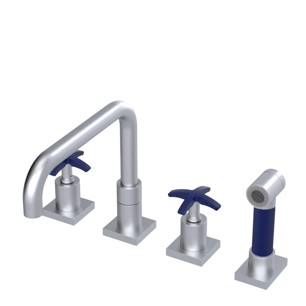 Rubinet Widespread Kitchen Set with Genesis Spout with Hand Spray Satin Chrome