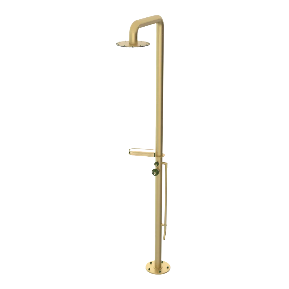 Rubinet Pressure Balance Outdoor Shower with Foot Rinse & 10" Shower Head (with shelf) - 304 Stainless Steel Satin Brass