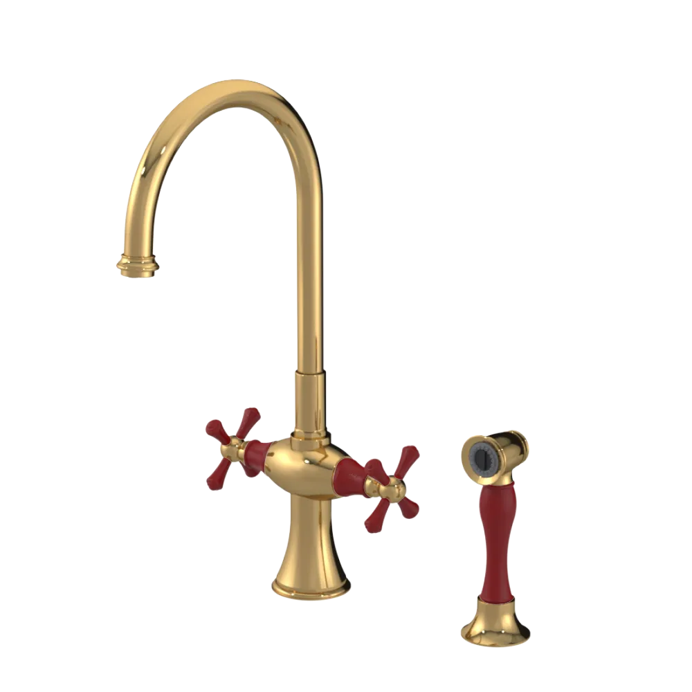 Rubinet Two Handle Single Hole Kitchen Set with Hand Spray Gold