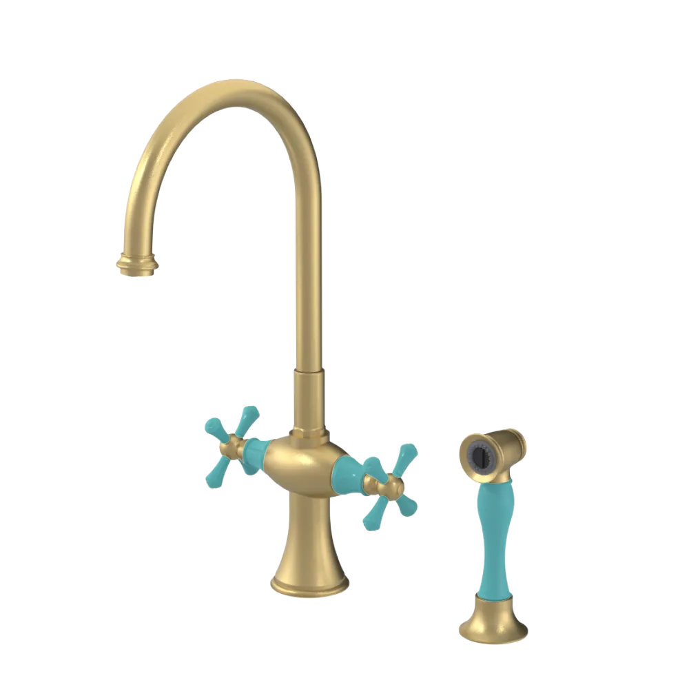 Rubinet Two Handle Single Hole Kitchen Set with Hand Spray Satin Brass
