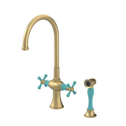 Rubinet Two Handle Single Hole Kitchen Set with Hand Spray Satin Brass