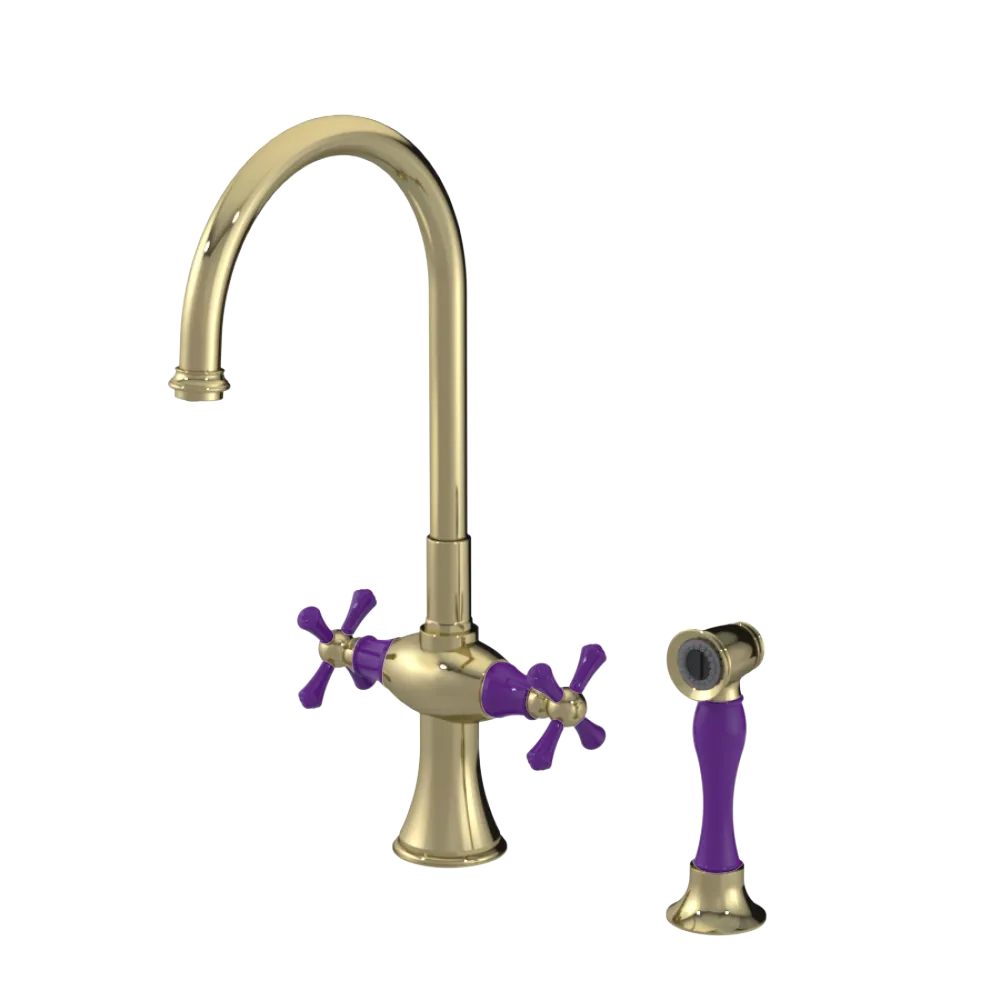 Rubinet Two Handle Single Hole Kitchen Set with Hand Spray Natural Brass
