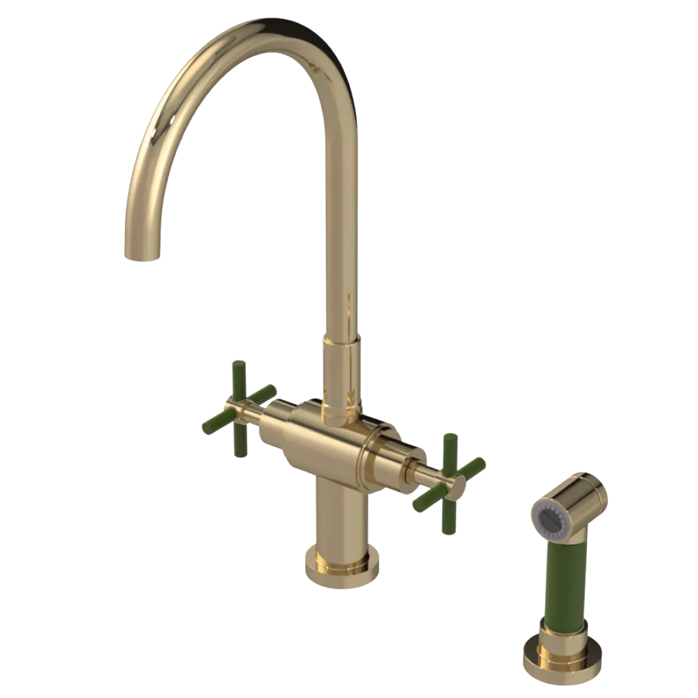 Rubinet Two Handle Single Hole Kitchen Set with LaSalle Spout with Hand Spray Gold