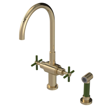 Rubinet Two Handle Single Hole Kitchen Set with LaSalle Spout with Hand Spray Gold