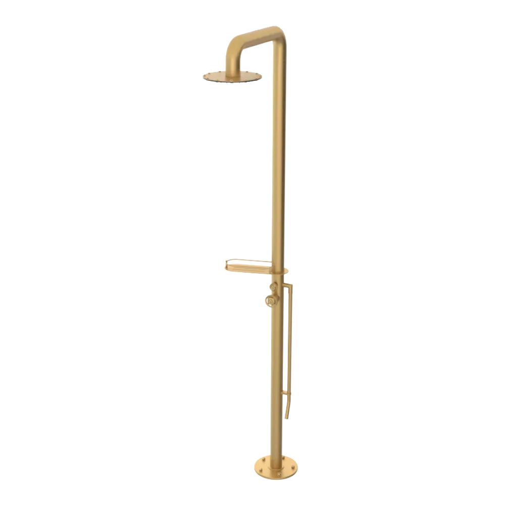 Rubinet Pressure Balance Outdoor Shower with Foot Rinse & 10" Shower Head (with shelf) - 304 Stainless Steel Satin Gold