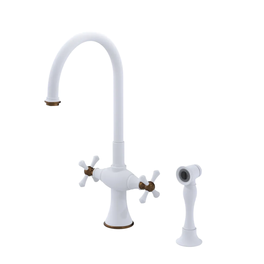 Rubinet Two Handle Single Hole Kitchen Set with Hand Spray Matt White
