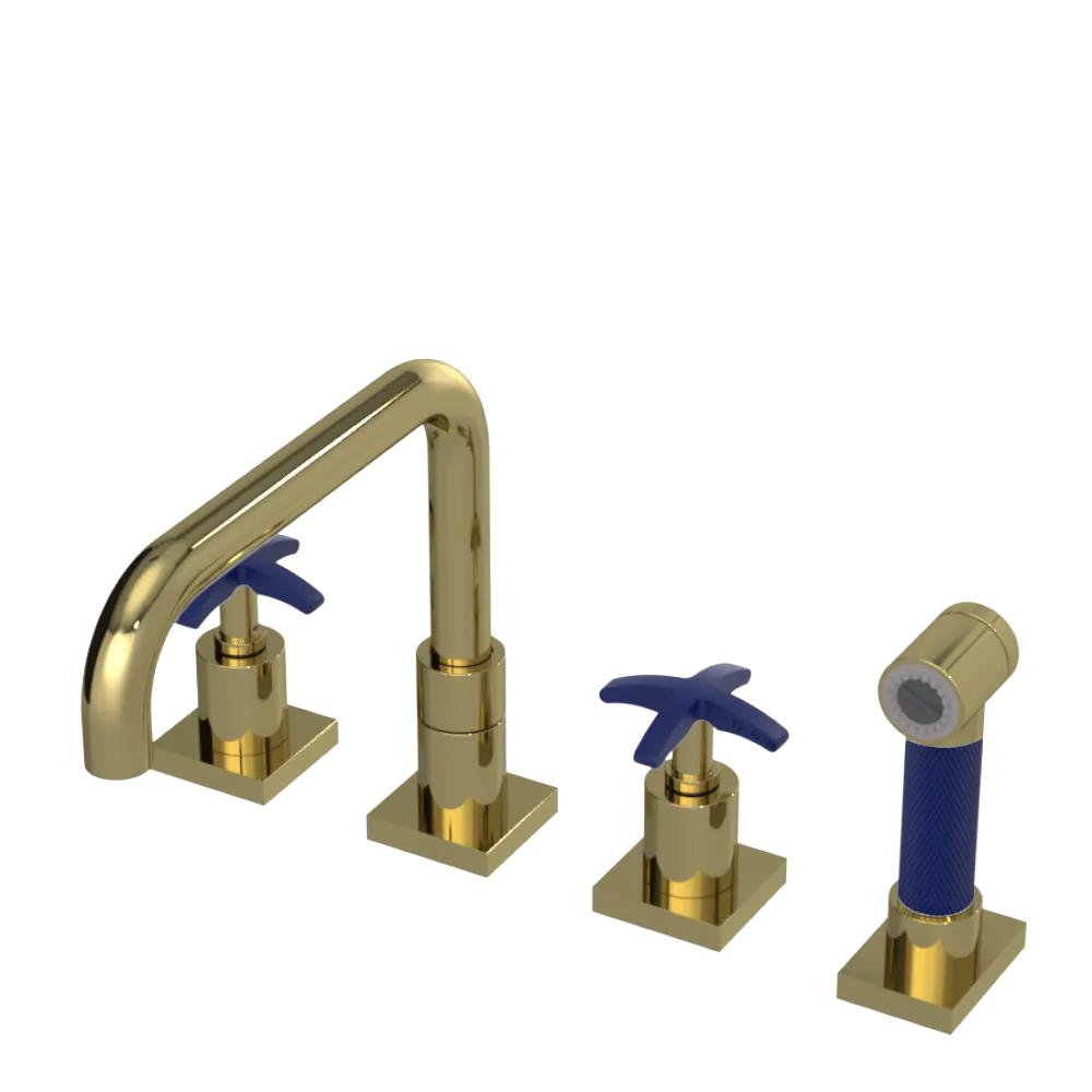 Rubinet Widespread Kitchen Set with Genesis Spout with Hand Spray Natural Brass