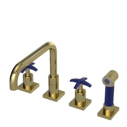 Rubinet Widespread Kitchen Set with Genesis Spout with Hand Spray Natural Brass