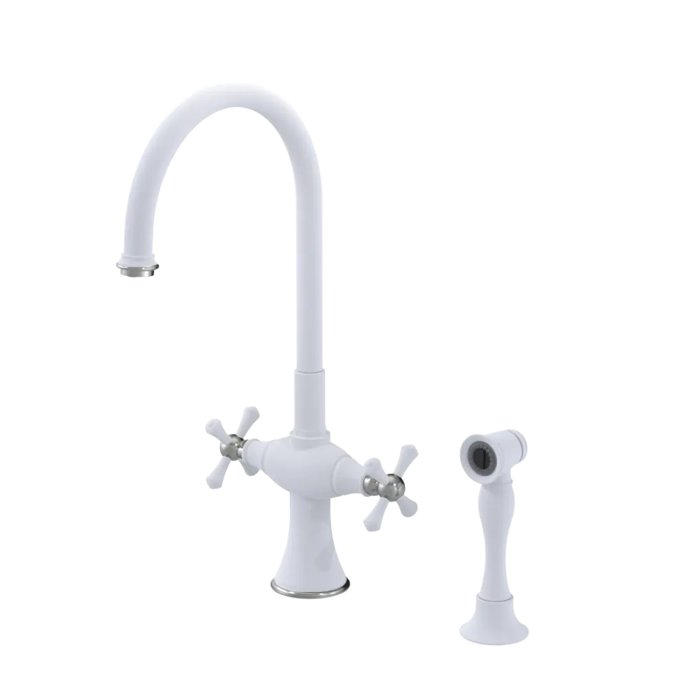 Rubinet Two Handle Single Hole Kitchen Set with Hand Spray Matt White