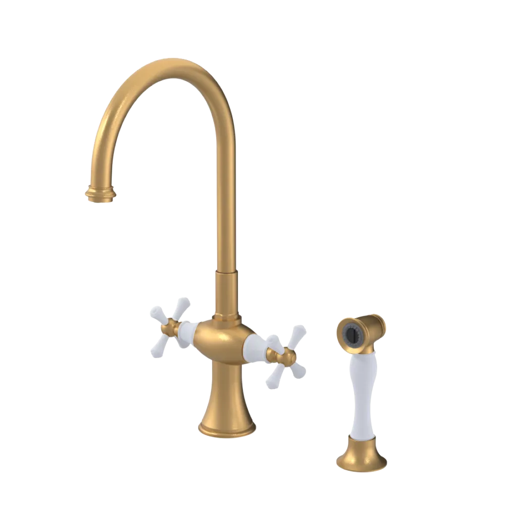 Rubinet Two Handle Single Hole Kitchen Set with Hand Spray Satin Gold