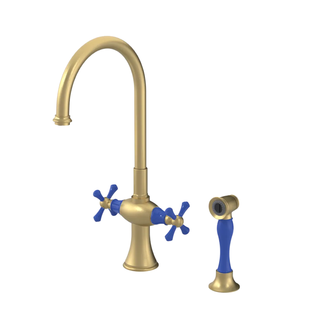 Rubinet Two Handle Single Hole Kitchen Set with Hand Spray Satin Brass