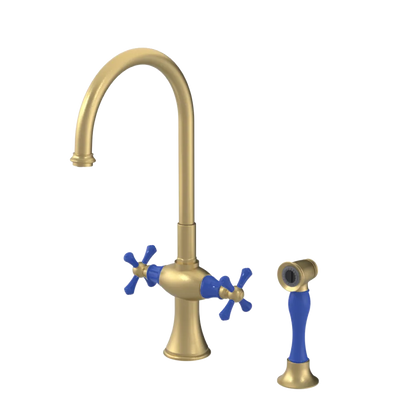 Rubinet Two Handle Single Hole Kitchen Set with Hand Spray Satin Brass