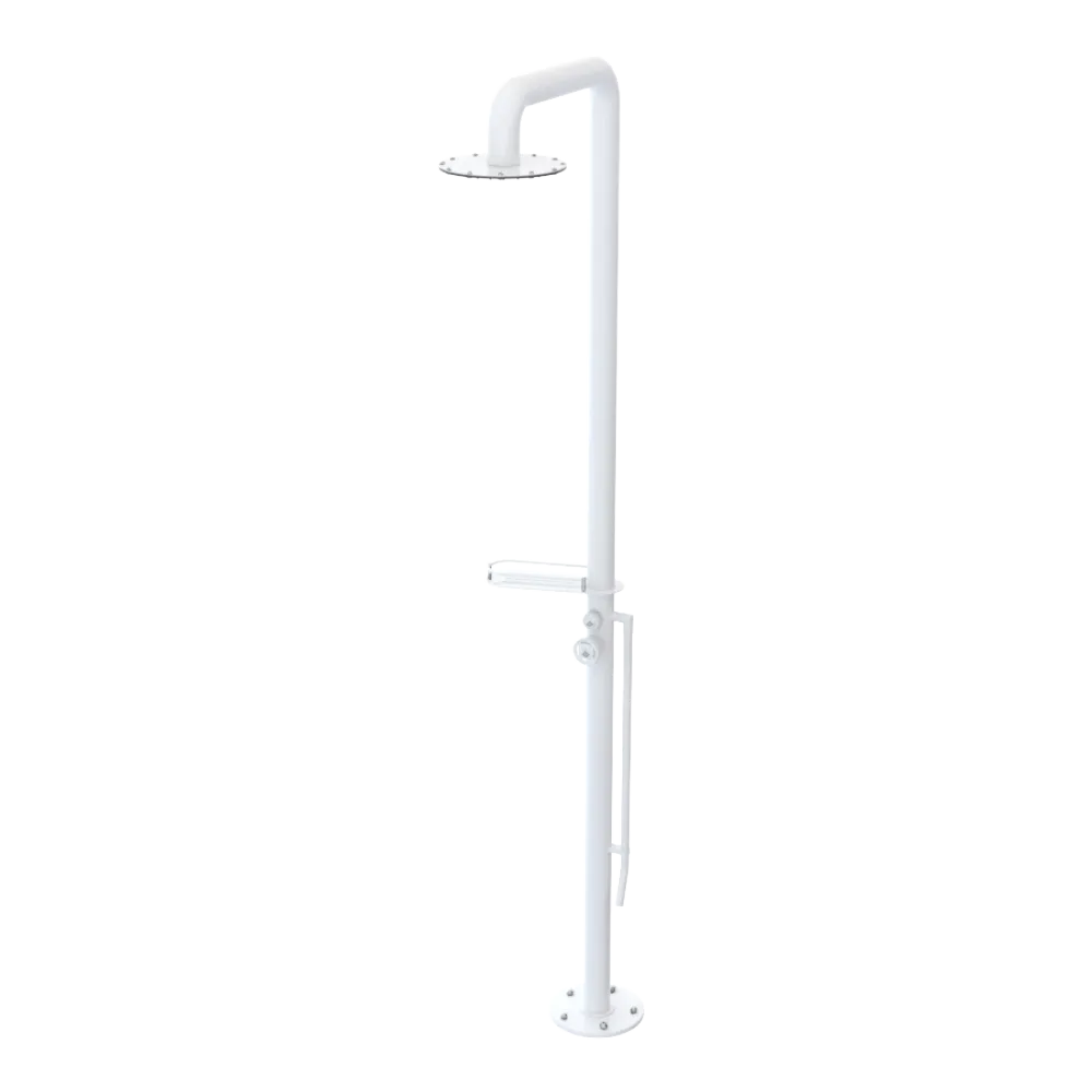 Rubinet Pressure Balance Outdoor Shower with Foot Rinse & 10" Shower Head (with shelf) - 304 Stainless Steel White