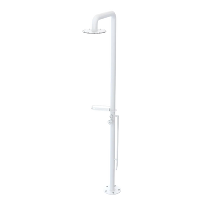 Rubinet Pressure Balance Outdoor Shower with Foot Rinse & 10" Shower Head (with shelf) - 304 Stainless Steel White