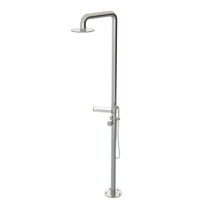 Rubinet Pressure Balance Outdoor Shower with Hand Held Shower & 10" Shower Head (with shelf) - 304 Stainless Steel Satin Nickel