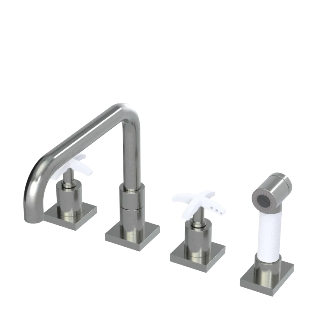 Rubinet Widespread Kitchen Set with Genesis Spout with Hand Spray Satin Nickel